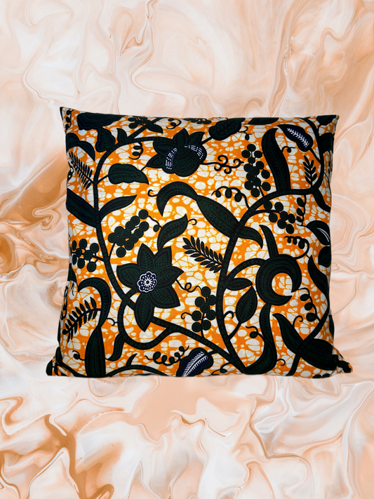 Housse de coussin n°156 - Motif Florale vert foncé sur orange