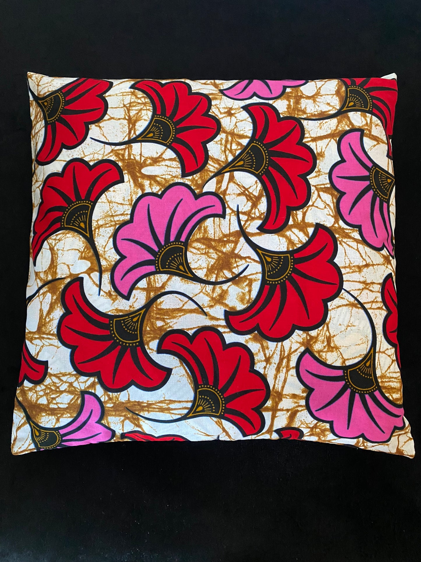 Wax cushion cover - Orange yellow flower on red