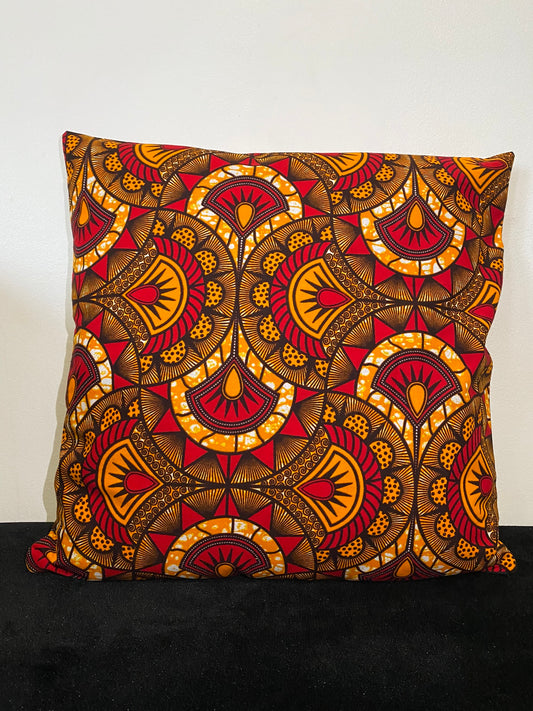 Housse de coussin wax n°129 - Motif Géométrique afro Orange Rouge