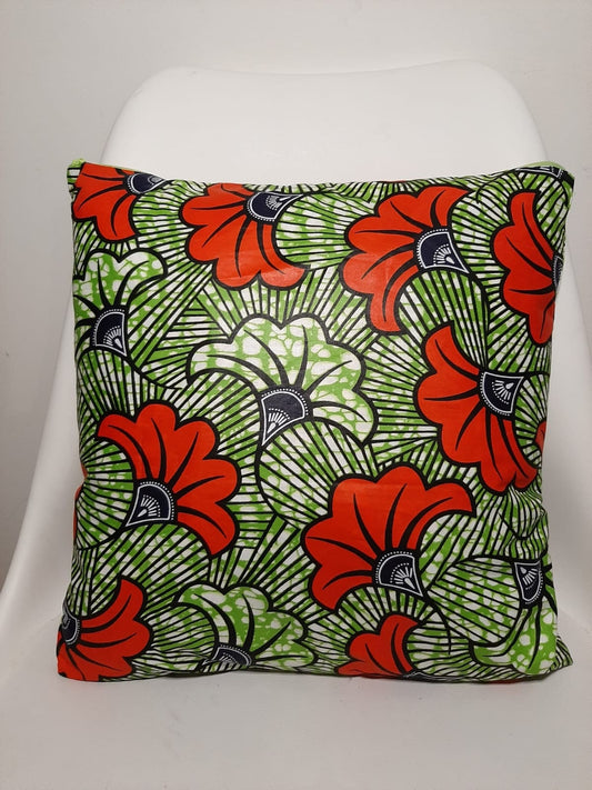 Housse de coussin wax n°28 - Fleur de mariage Vert/Rouge