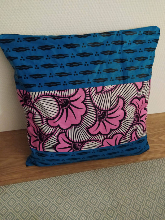 Wax cushion cover - Pink Flower and Blue Pattern