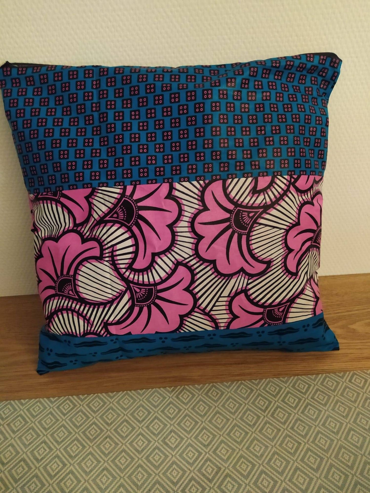 Wax cushion cover - Pink Flower and Blue Pattern