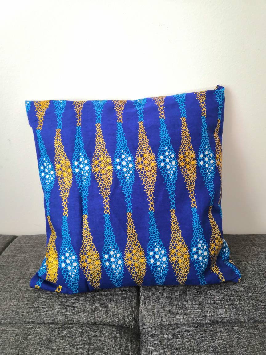 Housse de coussin n°77 - Wax satiné - Jarre bleu dorée