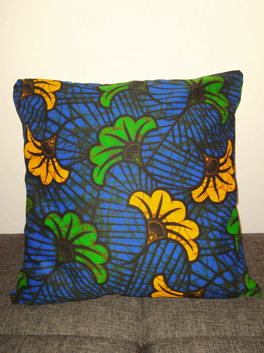 Housse de coussin wax n°24 - Fleur de mariage Orange/Vert sur Bleu