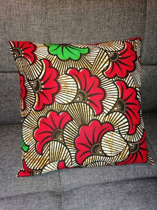 Housse de coussin wax n°30 - Fleur de mariage Rouge/Vert sur Kaki