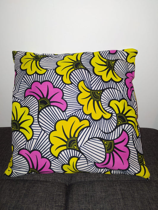 Housse de coussin wax n°89 - Fleur de mariage Rose/Jaune