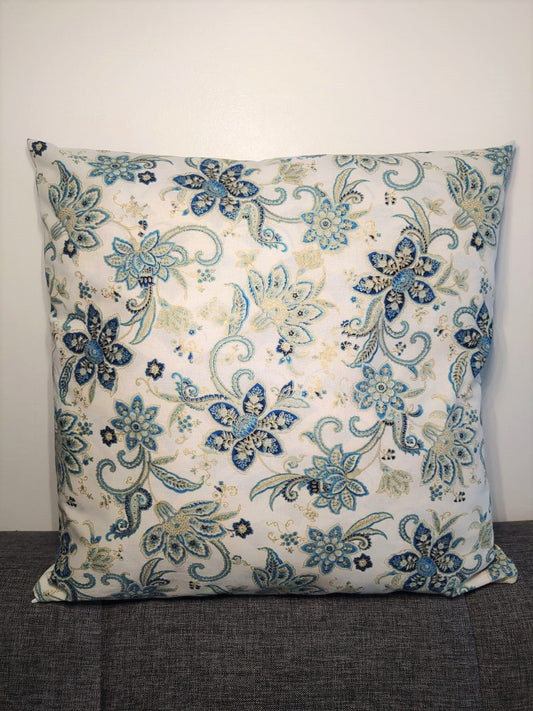 Housse de coussin - Tissu japonisant - Fleur bleu or sur blanc