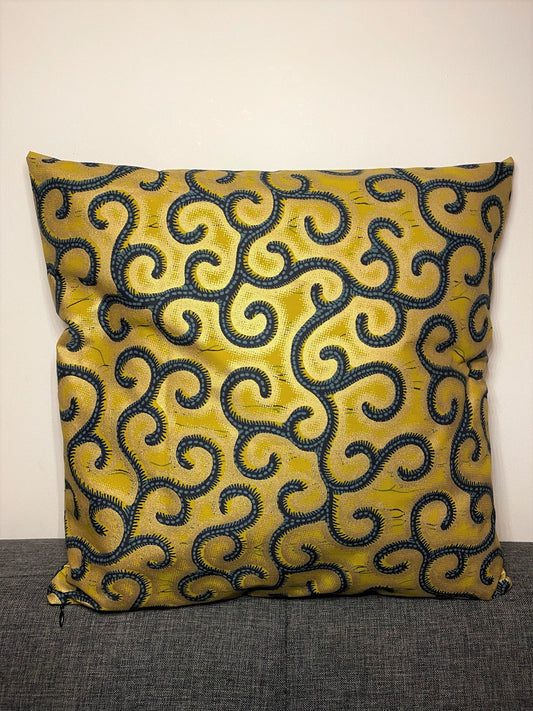 Housse de coussin n°2 - Coton Premium Qualité - Motif "Conseiller"/"Macaroni" - Jaune Gris - Orné or