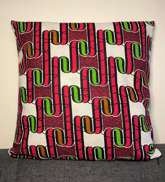 Housse de coussin wax n°14 - Lignes géométriques Rose-Vert- Marron