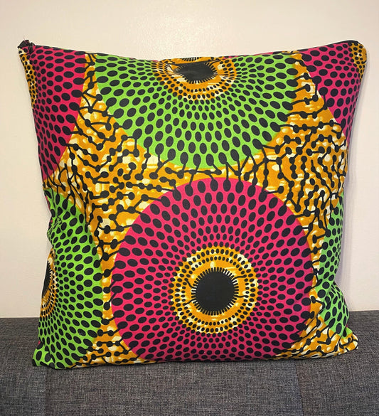 Wax cushion cover - Green/Pink Circles on Khaki