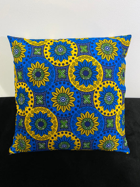 Housse de coussin wax n°18 - Motif Florale Jaune et Bleu