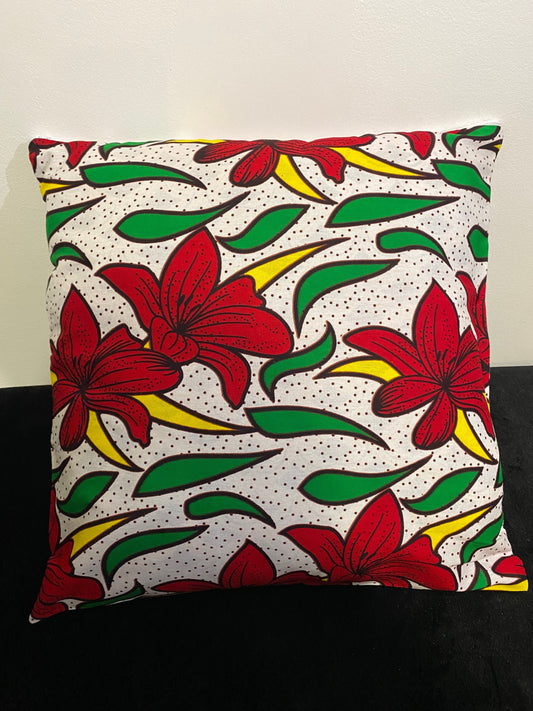 Housse de coussin wax n°16 - Motif Florale Rouge Jaune Vert