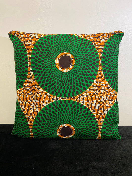 Housse de coussin wax n°20 - Cercles Verts sur Orange