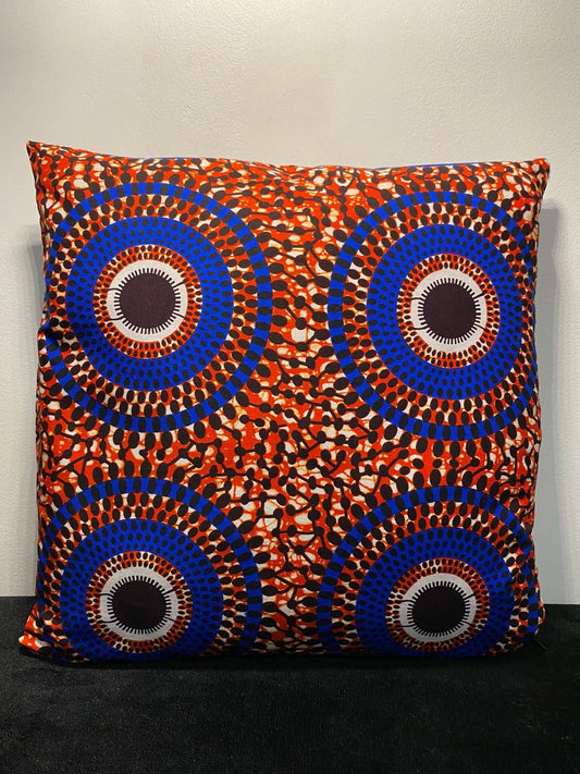 Housse de coussin wax n°43 - Cercles Bleu sur Rouge