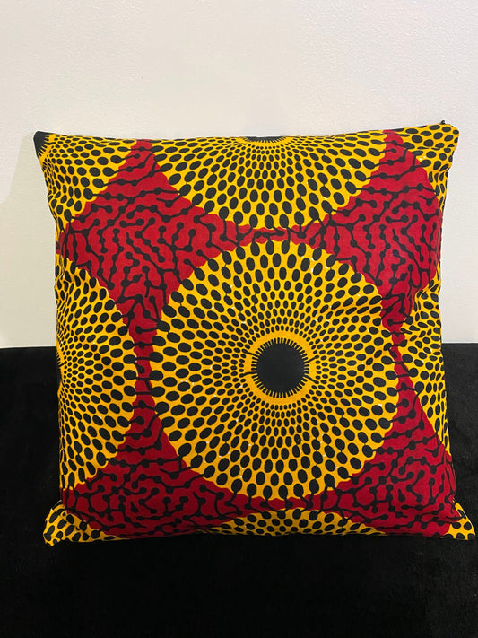 Housse de coussin wax n°12 - Cercles Jaunes sur Rouge