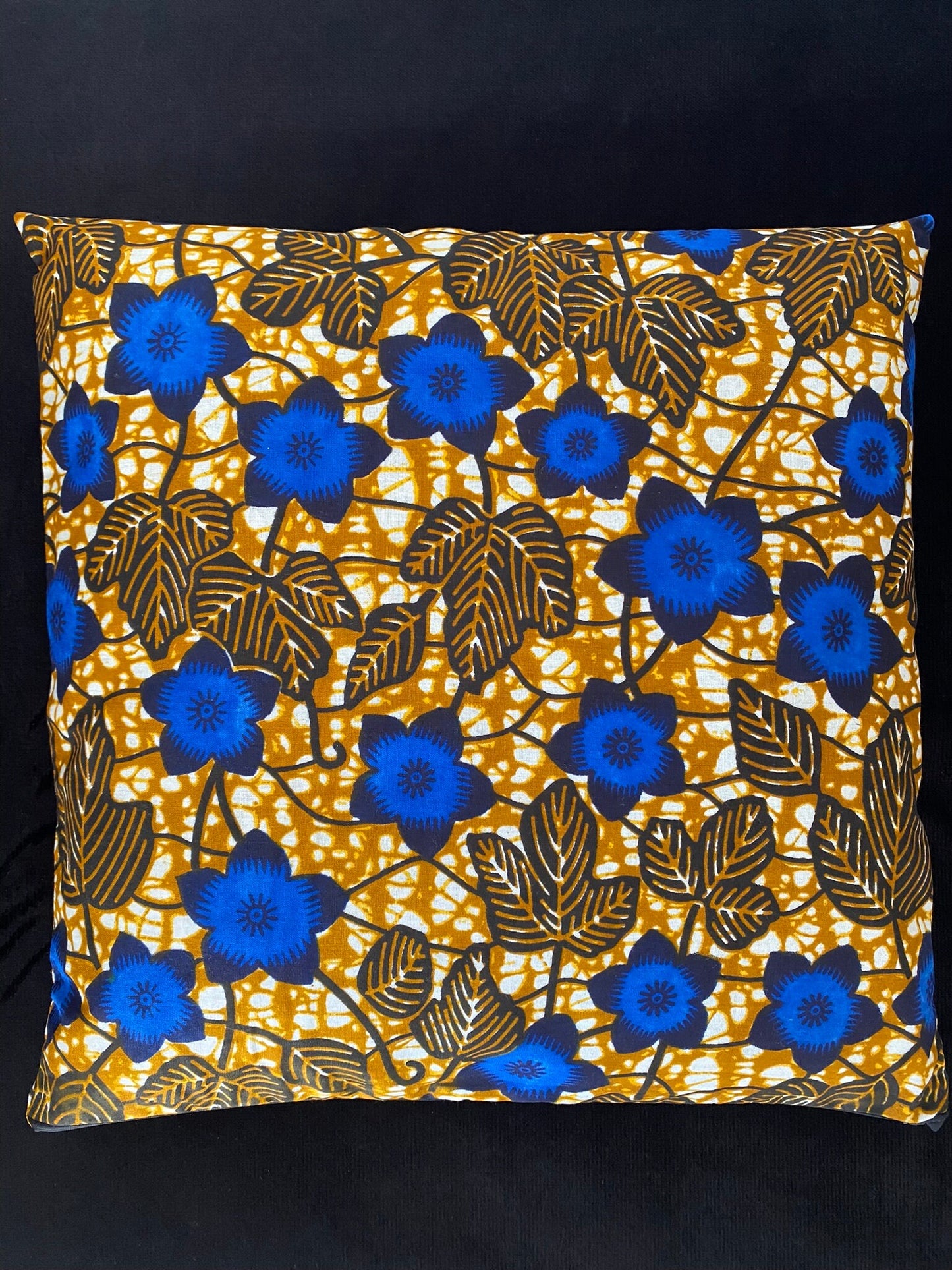 Wax cushion cover - Blue Flower Pattern on Khaki