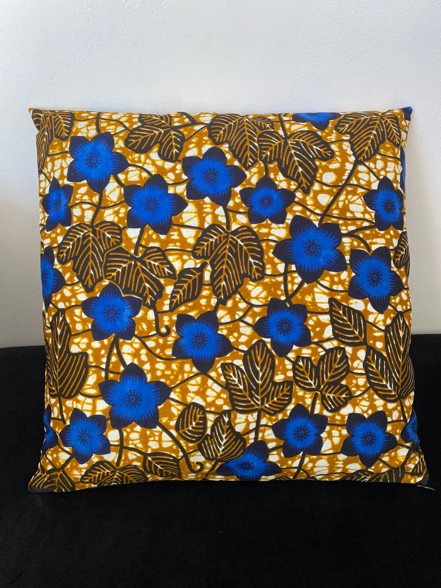 Wax cushion cover - Blue Flower Pattern on Khaki