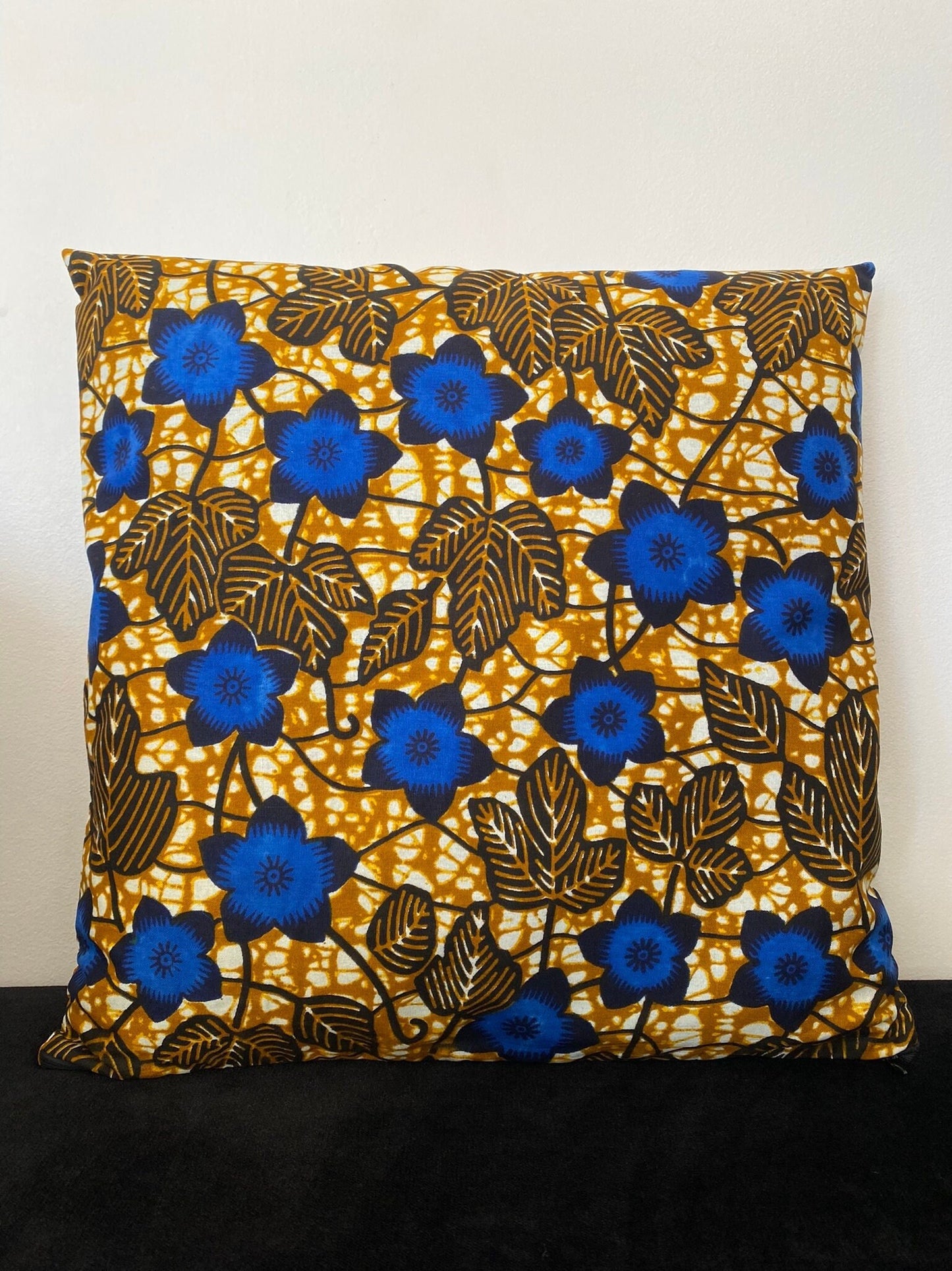 Wax cushion cover - Blue Flower Pattern on Khaki