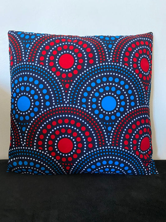 Housse de coussin wax n°121 - Motif Soleil Bleu Rouge