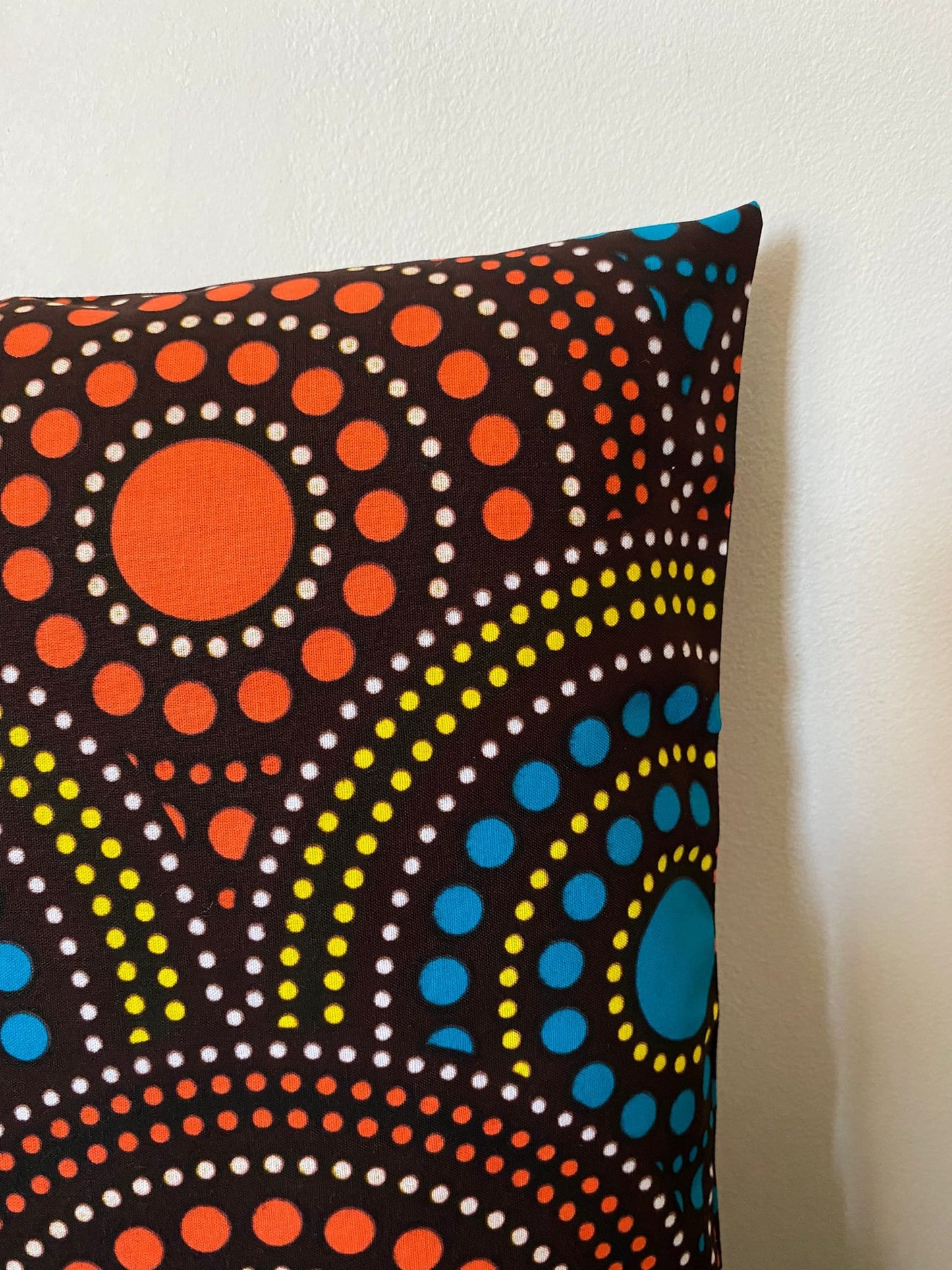 Housse de coussin wax n°122 - Motif Soleil Turquoise Orange