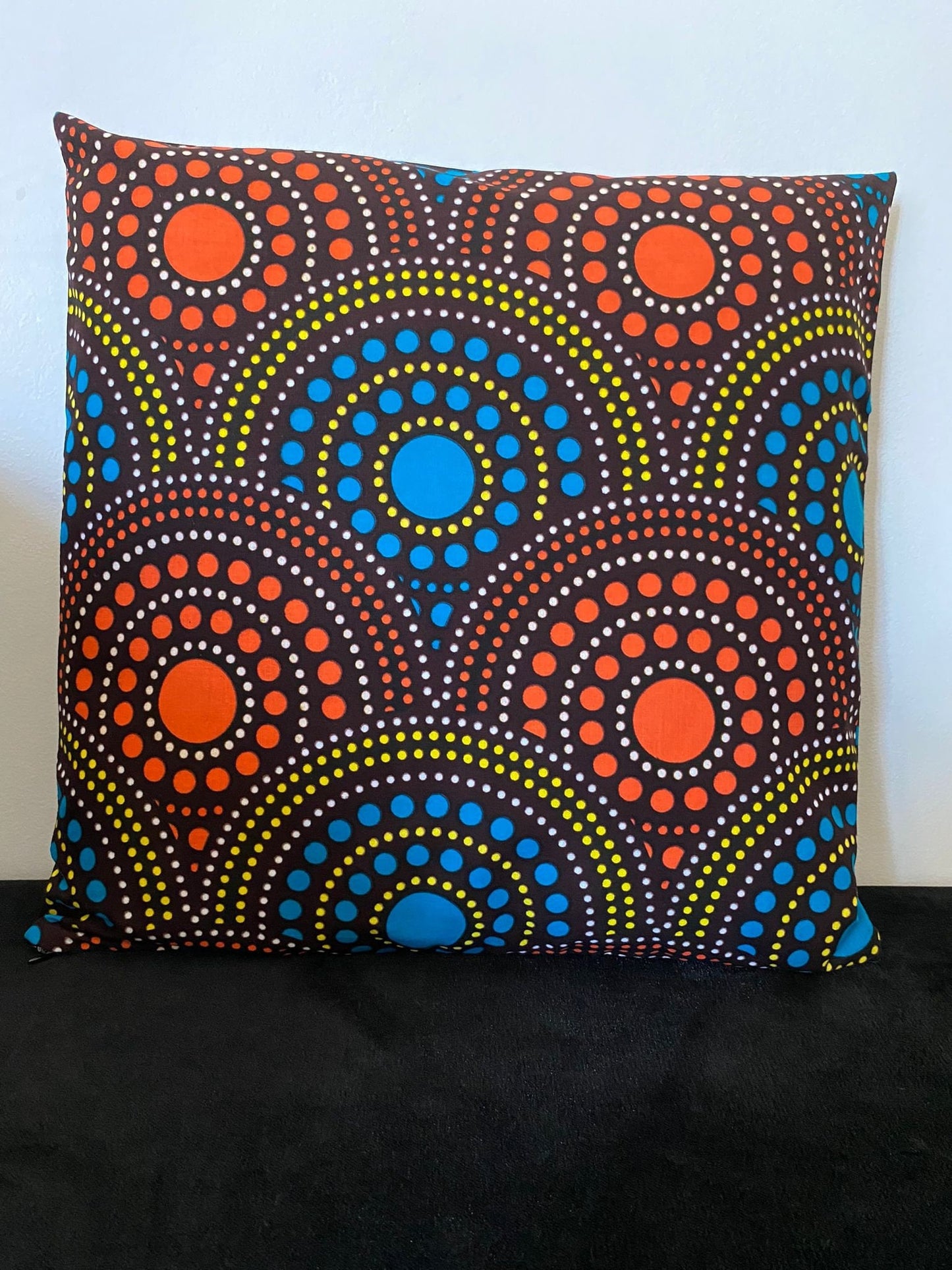 Housse de coussin wax n°122 - Motif Soleil Turquoise Orange