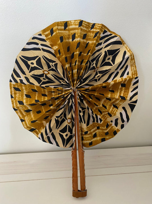 Handmade fan in wax and leather - Afro Beige Brown and Black Style